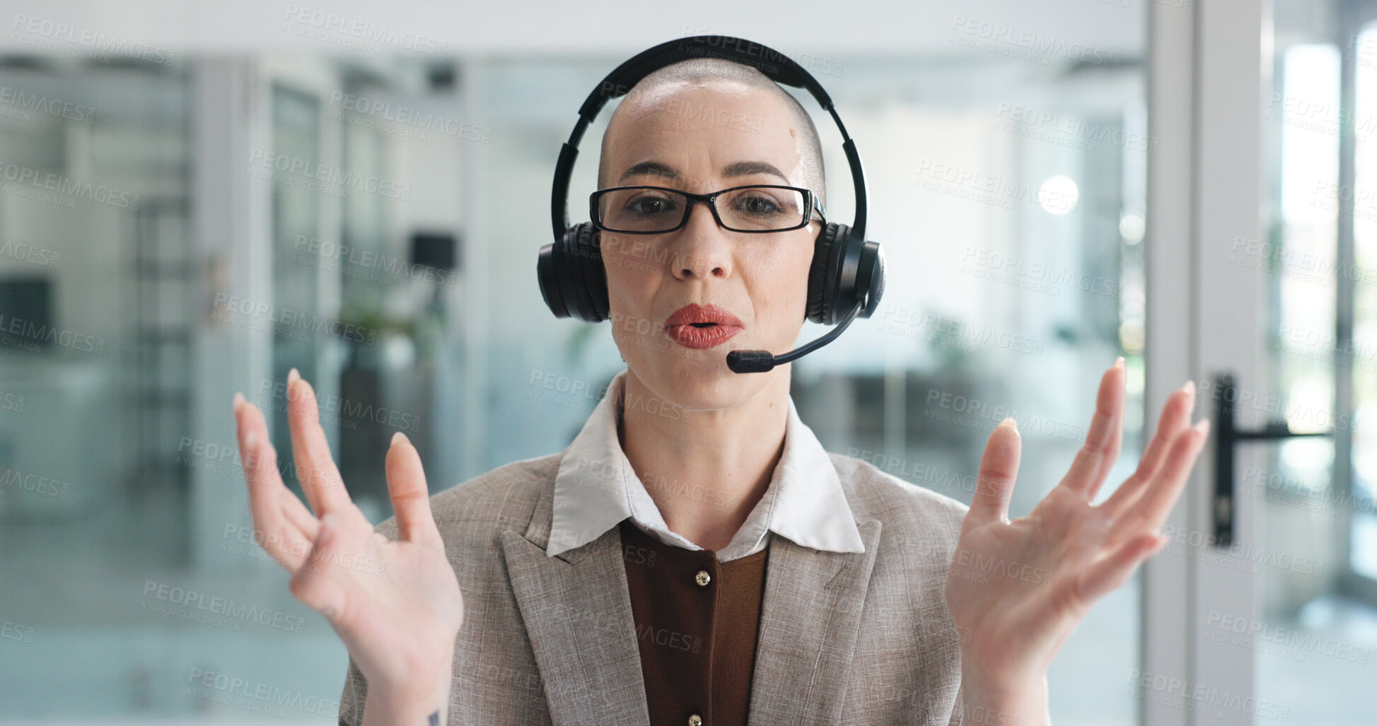 Buy stock photo Woman, headset and call center at office, discussion or review with customer support at investment company. Person, broker and advisor in pov for portrait, voip and explain feedback for consultation
