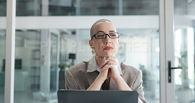Buy stock photo Corporate, woman and vision with laptop in office for research, planning and finance report. Accountant, thinking and pc for financial audit, review budget and problem solving for investment proposal
