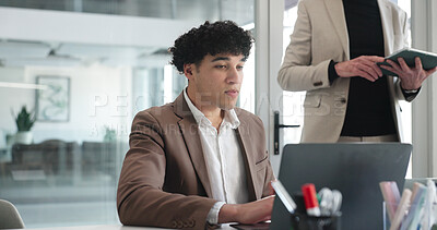 Buy stock photo Collaboration, laptop and review with business people in office for development or feedback. Computer, planning and update with corporate employee team at desk in workplace for project management