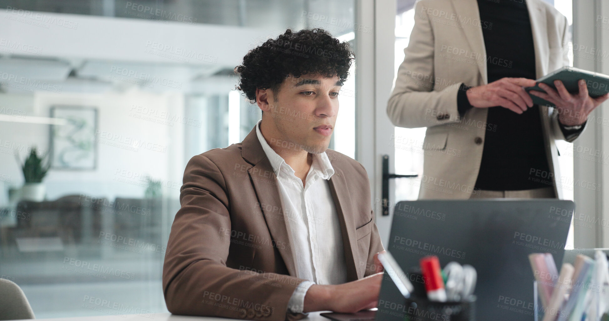 Buy stock photo Collaboration, laptop and review with business people in office for development or feedback. Computer, planning and update with corporate employee team at desk in workplace for project management