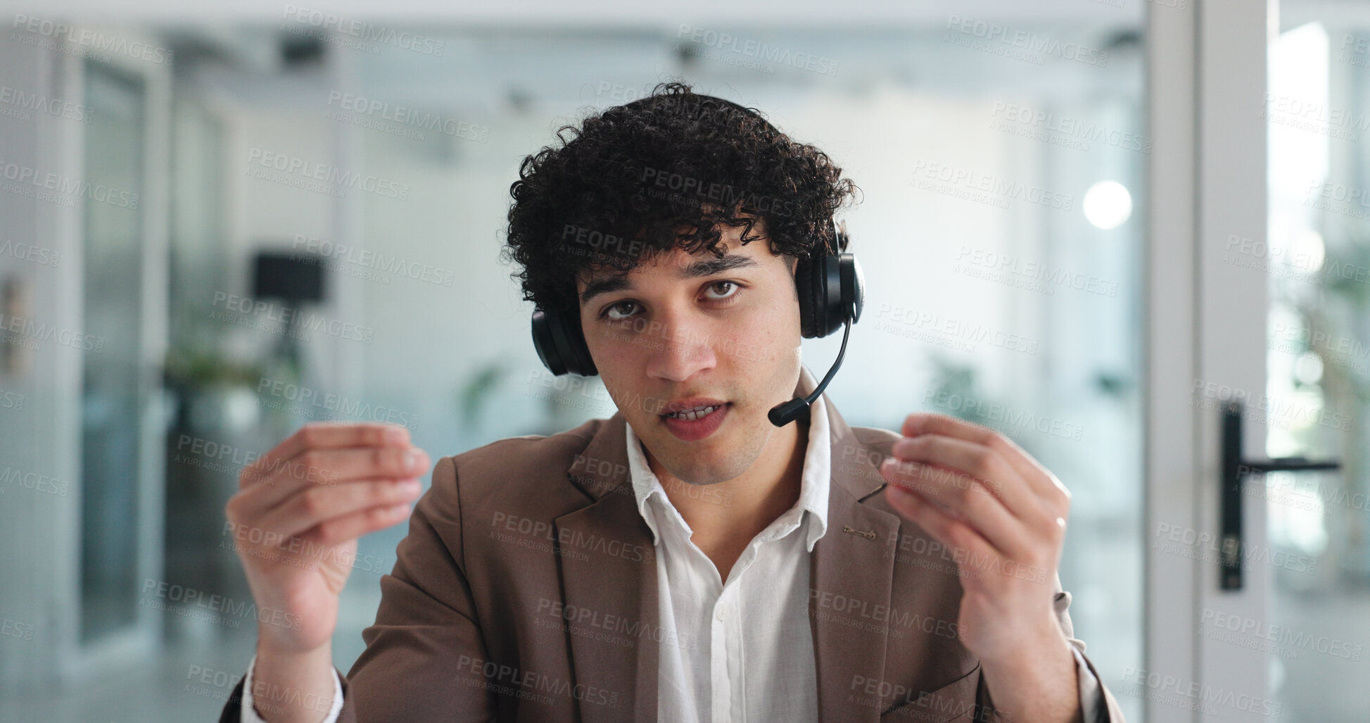 Buy stock photo Video call, headset and portrait of business man in office for virtual consultant, webinar and broker seminar pov. Online meeting, digital conference and financial advisor with person in agency
