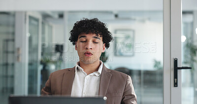 Buy stock photo Laptop, tired and relax with business man in office for stress relief, risk assessment and exhausted. Mental health, premium policy and resting with person for claims coverage payout and fatigue
