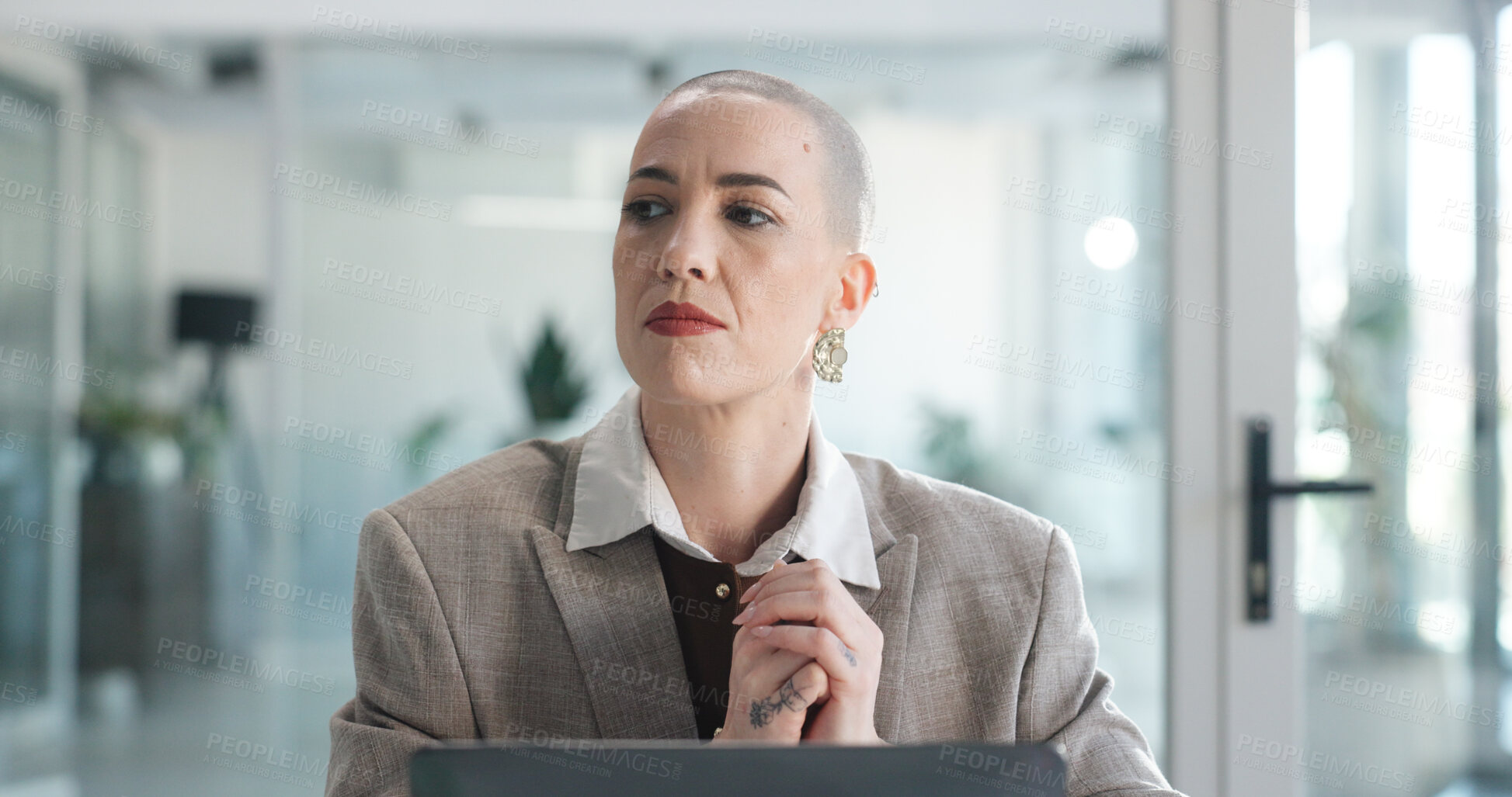 Buy stock photo Thinking, business and woman with laptop in office for research, planning and finance report. Accountant, vision and pc for financial audit, review budget and problem solving for investment proposal