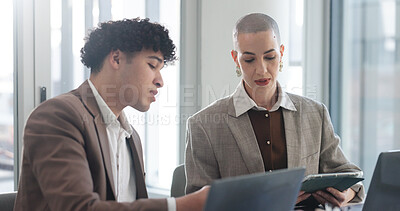 Buy stock photo Conversation, meeting and tablet with business people in office for development or feedback. App, discussion and planning with corporate employee team at desk in workplace for project management