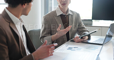 Buy stock photo Documents, hands and tablet with business people in office for development or feedback. App, conversation and paperwork with corporate employee team at desk in workplace for project management