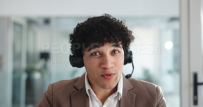 Buy stock photo Video call, webinar and portrait of business man in office for virtual consultant, headset and broker seminar pov. Online meeting, digital conference and financial advisor with person for bokeh