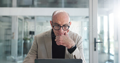 Buy stock photo Thinking, business and man with laptop in office for research, planning and finance report. Mature person, vision and pc for financial audit, review budget and problem solving for investment proposal