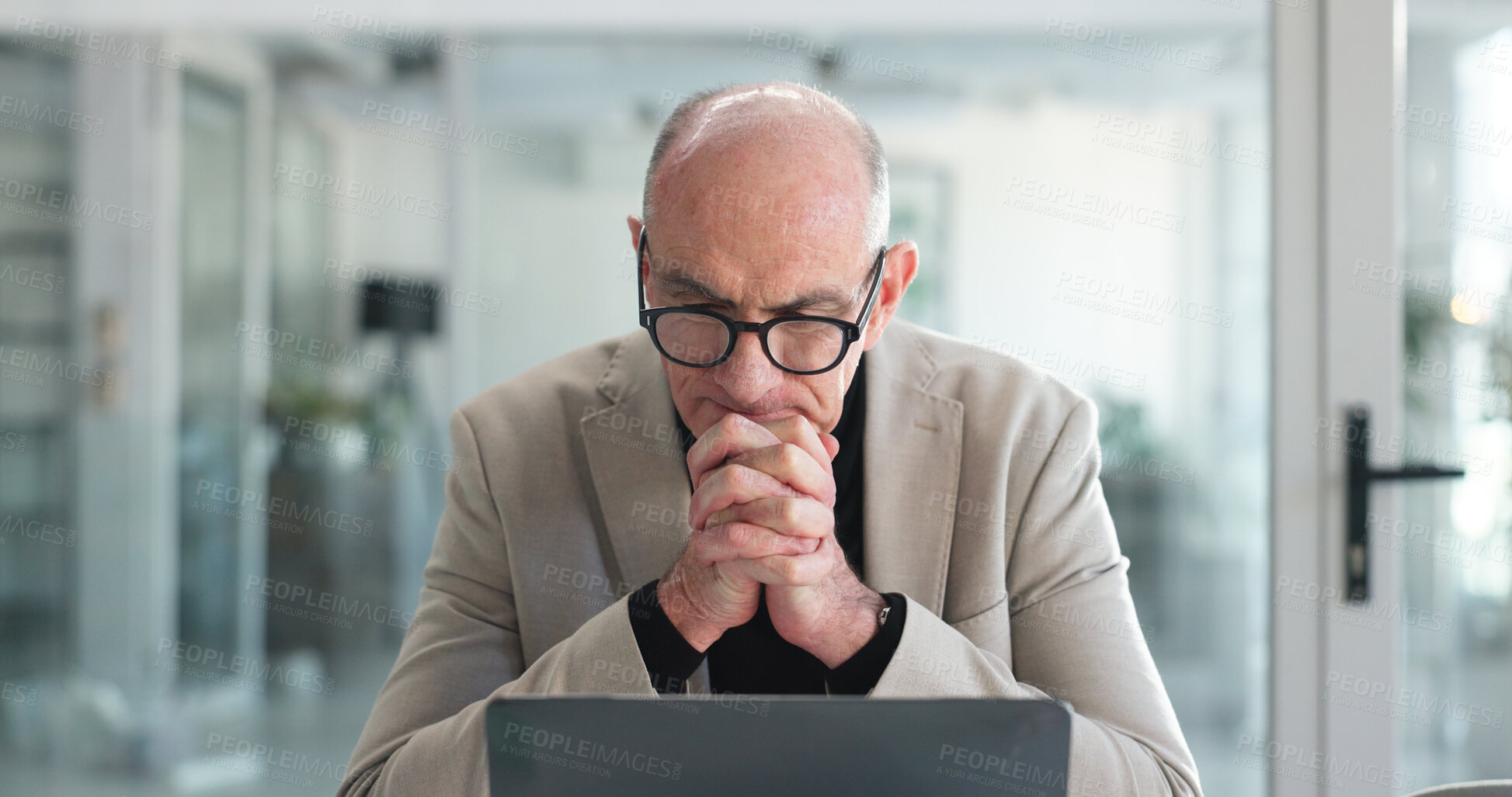 Buy stock photo Business, man and vision with laptop in office for research, planning and finance report. Mature person, thinking and pc for financial audit, review budget and problem solving for investment proposal