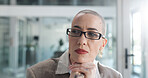 Thinking, vision and business woman in office for planning, reflection and investor insight. Broker solution, mindset and memory with person in agency for perspective, brainstorming and decision 
