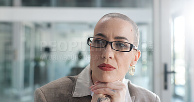 Buy stock photo Thinking, vision and business woman in office for planning, reflection and investor insight. Broker solution, mindset and memory with person in agency for perspective, brainstorming and decision 