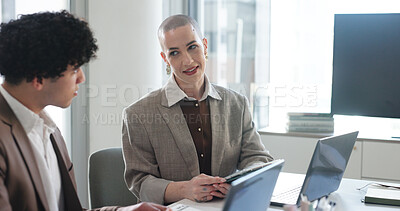 Buy stock photo Collaboration, conversation and tablet with business people in office for development or feedback. App, planning and review with corporate employee team at desk in workplace for project management