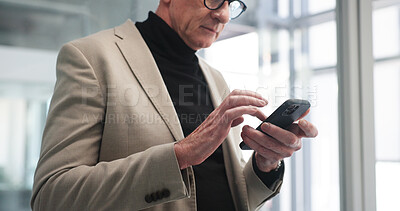 Buy stock photo Phone, hands and businessman in office with networking, communication or email for finance project. Technology, scroll and male financial manager with company cellphone for contact on investment deal