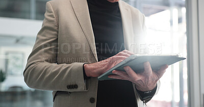 Buy stock photo Tablet, communication and hands of businessman in office with email, research or contact for finance deal. Digital technology, networking and financial investor checking stock market for investment.