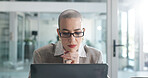 Thinking, corporate and woman with laptop in office for research, planning and finance report. Accountant, vision and pc for financial audit, review budget and problem solving for investment proposal