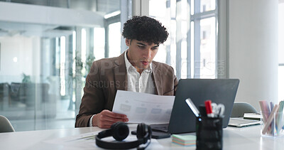 Buy stock photo Laptop, documents and reading with business man in office for insurance broker, risk assessment and research. Planning, premium policy and underwriter with person in agency for claims coverage payout
