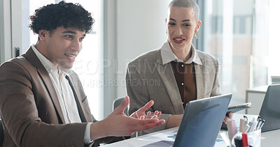 Buy stock photo Collaboration, laptop and review with business people in office for conversation or development. App, feedback and technology with corporate employee team at desk in workplace for project management