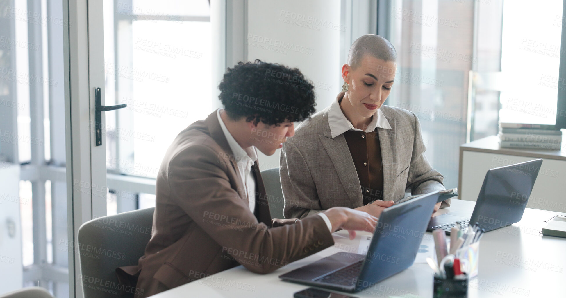 Buy stock photo Collaboration, planning and tablet with business people in office for development or feedback. App, conversation and review with corporate employee team at desk in workplace for project management