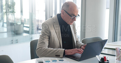 Buy stock photo Laptop, research and typing with business man in office for insurance broker, risk assessment and report. Planning, premium policy and underwriter with mature person for claims coverage payout