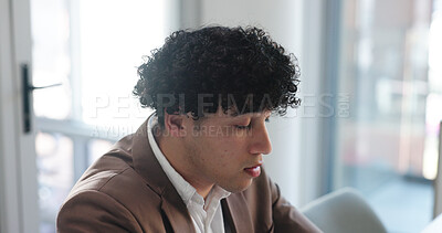 Buy stock photo Business, tired and man in office, eyes closed and exhausted with fatigue, relax and copywriting. Journalist, person and employee in workplace, resting and burnout with low energy, nap and sleeping