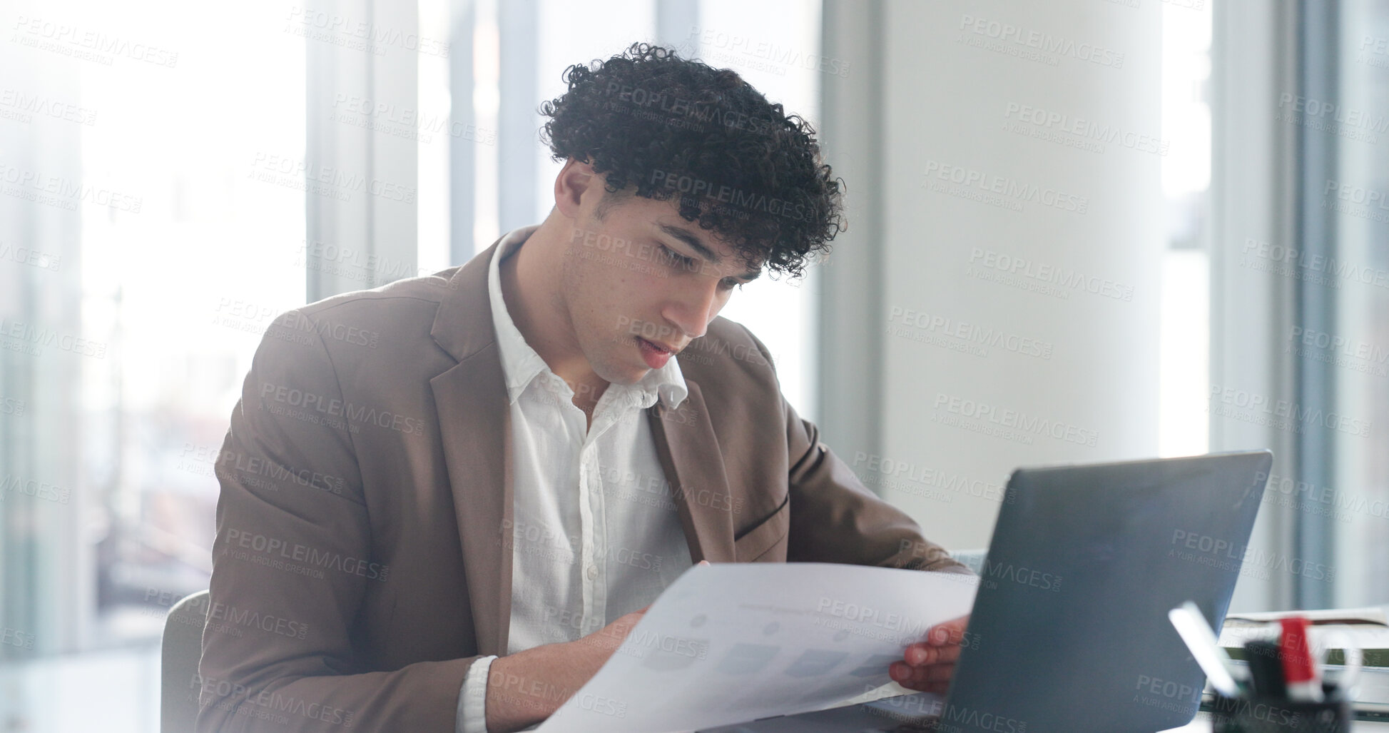 Buy stock photo Laptop, documents and report with business man in office for insurance broker, risk assessment and research. Planning, premium policy and underwriter with person in agency for claims coverage payout