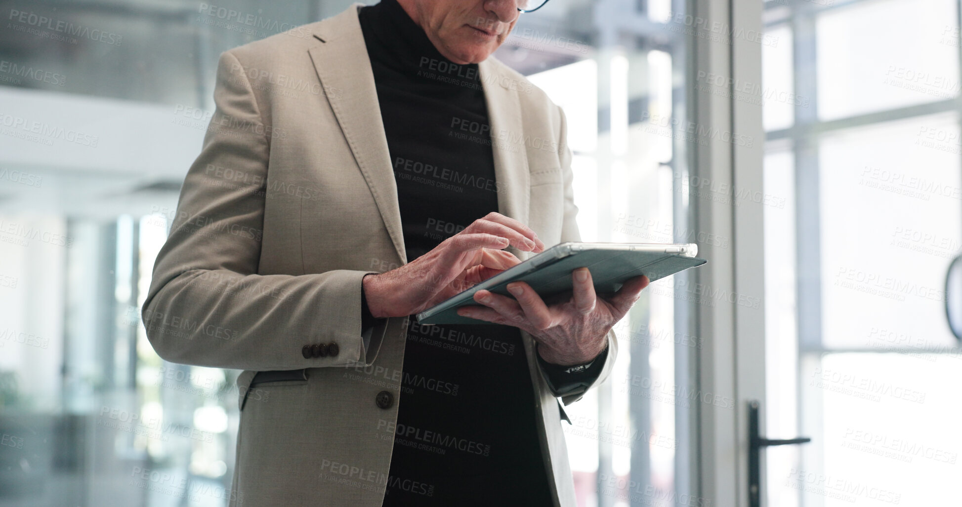 Buy stock photo Tablet, research and hands of businessman in office with email, communication or contact for finance deal. Digital technology, networking and financial investor checking stock market for investment.