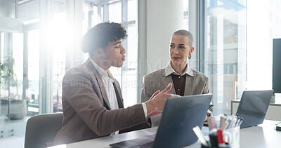 Buy stock photo Conversation, review and tablet with business people in office for collaboration or development. Feedback, planning and technology with corporate employee team in workplace for project management