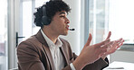Man, headset and call center at office, talk and review with customer support at investment company. Person, agent or financial advisor with microphone, voip tech and explain feedback for consulting