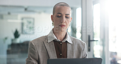 Buy stock photo Laptop, research and planning with business woman in office for insurance broker, risk assessment and report. Reading, premium policy and underwriter with person in agency for claims coverage payout