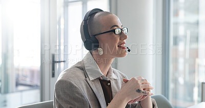 Buy stock photo Woman, headset and call center at office, talk or review with customer support at investment company. Mature person, broker or financial advisor on mic, voip tech or feedback for consulting at agency
