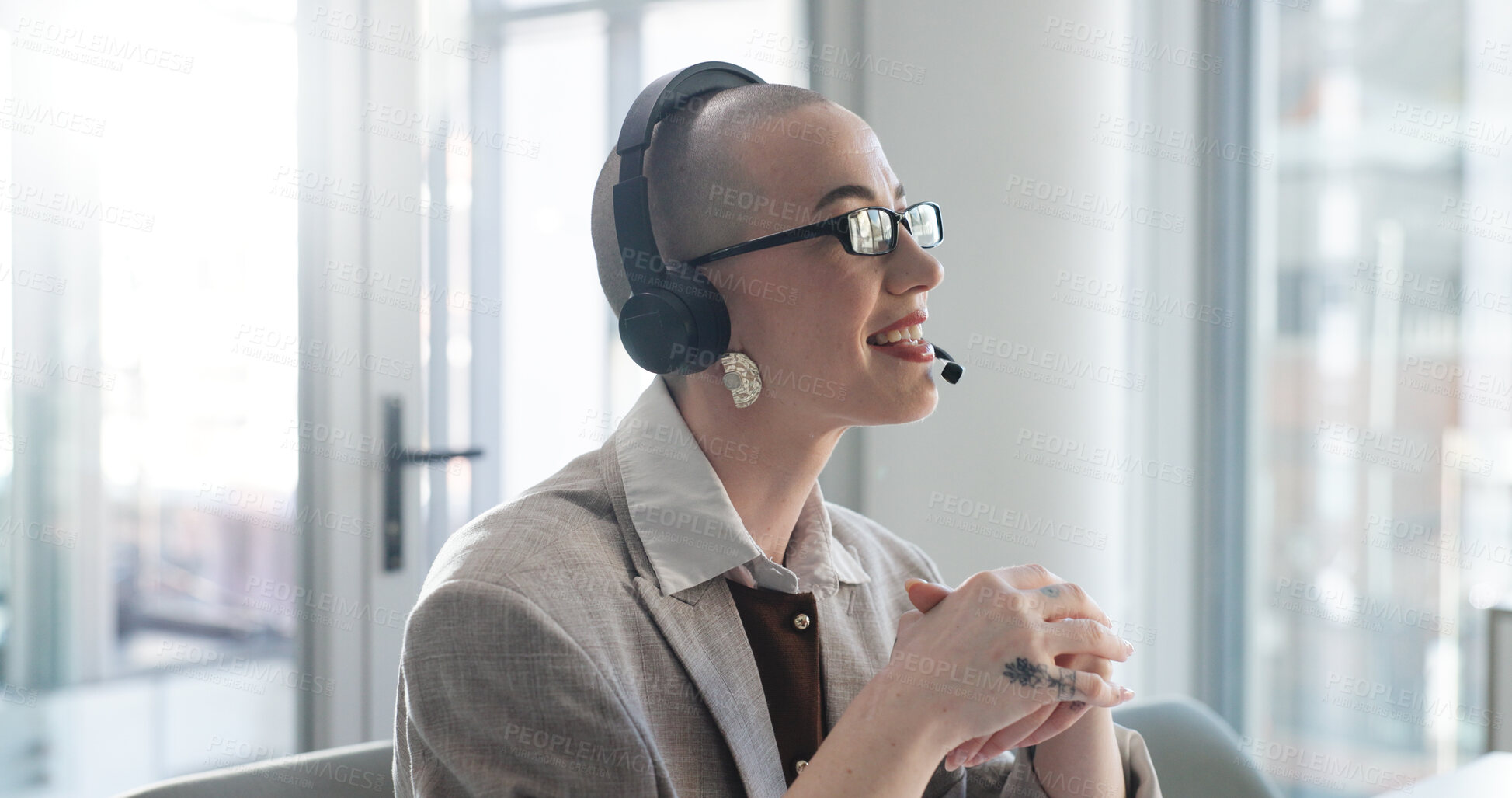 Buy stock photo Woman, headset and call center at office, talk or review with customer support at investment company. Mature person, broker or financial advisor on mic, voip tech or feedback for consulting at agency