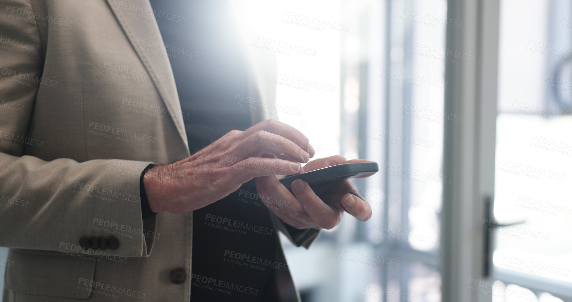 Buy stock photo Phone, hands and businessman in office with communication, networking or email for finance project. Technology, scroll and male financial manager with company cellphone for contact on investment deal