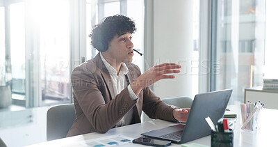 Buy stock photo Man, headset and laptop at office, financial review and customer support at investment company. Mature person, broker or advisor with computer, voip tech and feedback for stock market at agency