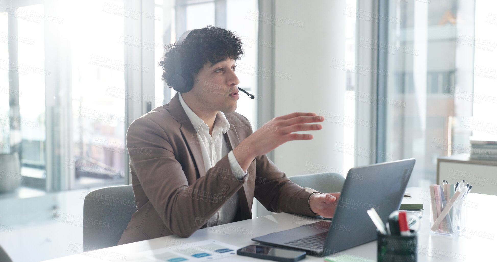 Buy stock photo Man, headset and laptop at office, financial review and customer support at investment company. Mature person, broker or advisor with computer, voip tech and feedback for stock market at agency