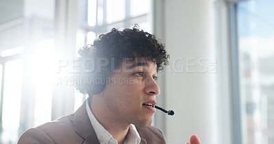 Buy stock photo Telecom, man or conversation in call center with customer service for help desk, HR advice or chat. Person, human resources consultant and talk in workplace with flare, client support and assistance.
