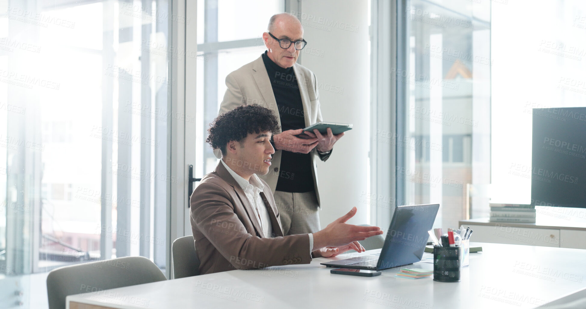 Buy stock photo Collaboration, laptop and tablet with business people in office for development or feedback. App, review or technology with boss and corporate employee at desk in workplace for project management