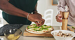 Hands, people and cooking pizza at house with meal prep, organic ingredients and healthy food. Friends, help and vegetables toppings for garnish, Italian cuisine and culinary skills of homemade lunch
