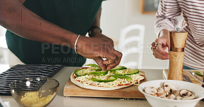 Buy stock photo Hands, people and cooking pizza at house with meal prep, organic ingredients and healthy food. Friends, help and vegetables toppings for garnish, Italian cuisine and culinary skills of homemade lunch