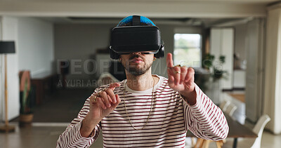 Buy stock photo Gaming, metaverse and virtual reality with man in home for interactive or online experience. Immersive, video game and vr headset with person in apartment for futuristic entertainment or streaming