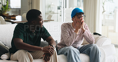 Buy stock photo Support, worry and friends on sofa with conversation, comfort and understanding in discussion together. Mental health, stress or men in house with help, empathy or advice in emotional communication.
