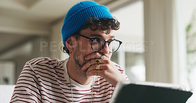 Buy stock photo Freelancer, tablet and stress with man on sofa for editor rejection, blog writer and research. Poor rating,  bad review and remote worker or person in living room of home for proofreading error