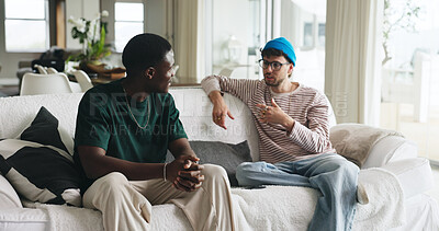 Buy stock photo Men, friends or discussion on sofa with gossip for life update, bonding together or weekend hangout. People, chill or relax with conversation for advice, wellness or storytelling in home living room.