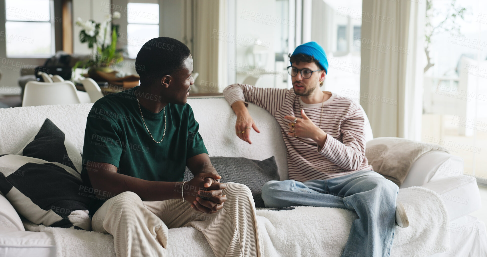 Buy stock photo Men, friends or discussion on sofa with gossip for life update, bonding together or weekend hangout. People, chill or relax with conversation for advice, wellness or storytelling in home living room.