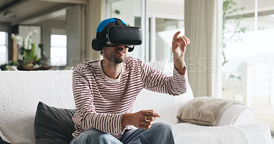Buy stock photo Gaming, metaverse and virtual reality with man on sofa in home for interactive experience. Online, video game and vr headset with person in apartment for immersive entertainment or streaming