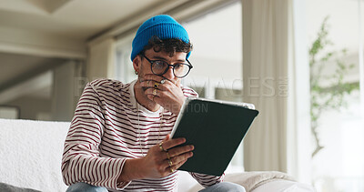 Buy stock photo Shock, tablet and man on sofa in home with social media, gossip or scroll for internet news. Notification, tech and person with communication for connectivity, online or mobile app in living room
