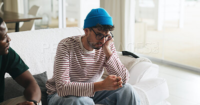 Buy stock photo Support, anxiety and friends on sofa with conversation, comfort and understanding in discussion together. Mental health, stress or men in house with help, empathy or advice in emotional communication