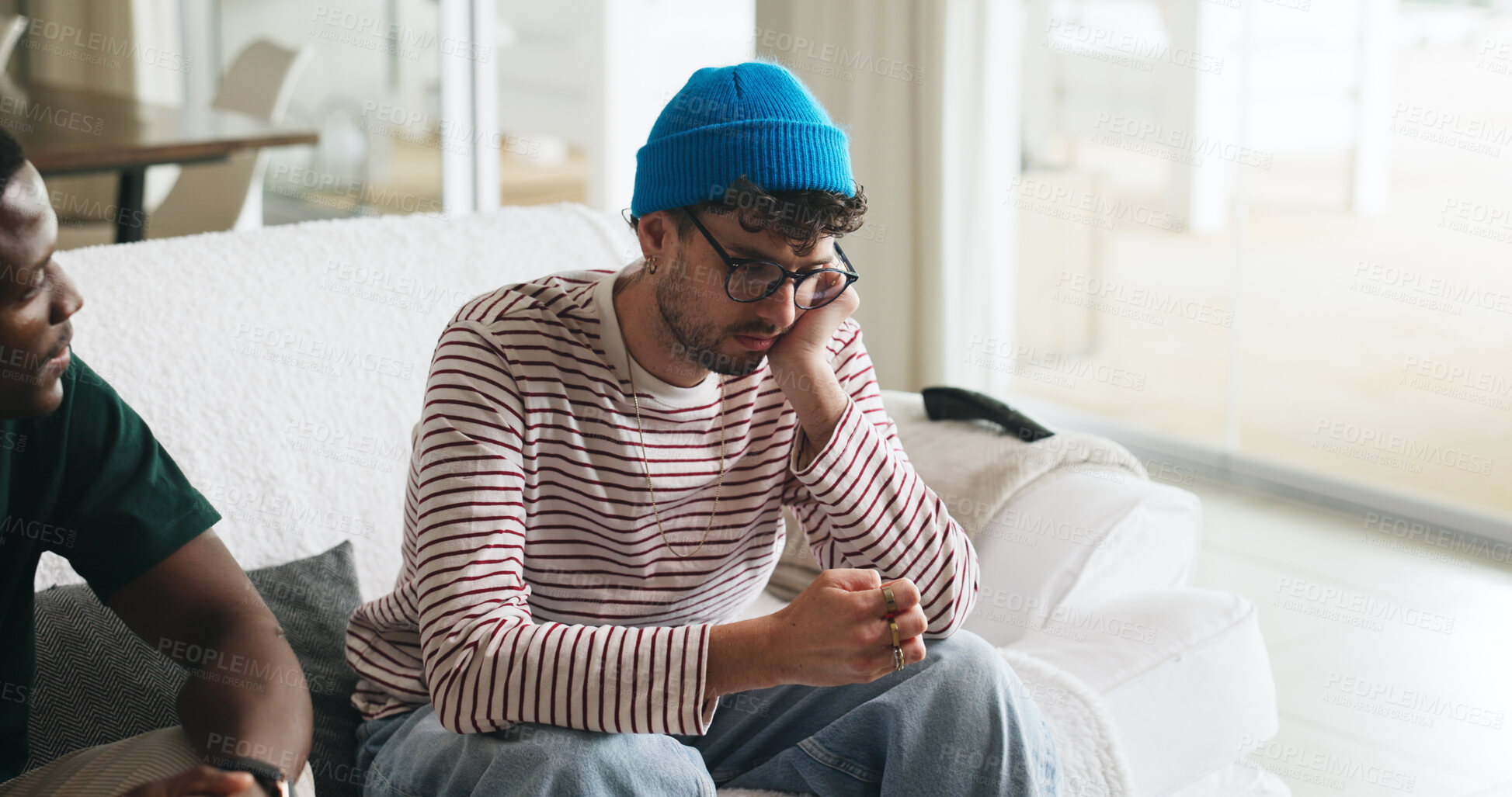 Buy stock photo Support, anxiety and friends on sofa with conversation, comfort and understanding in discussion together. Mental health, stress or men in house with help, empathy or advice in emotional communication