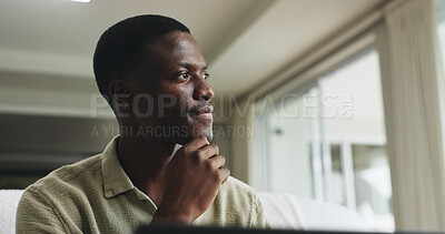 Buy stock photo Laptop, remote work and thinking with black man on sofa in living room of home for small business. Computer, planning and vision with freelance African employee in apartment for startup research
