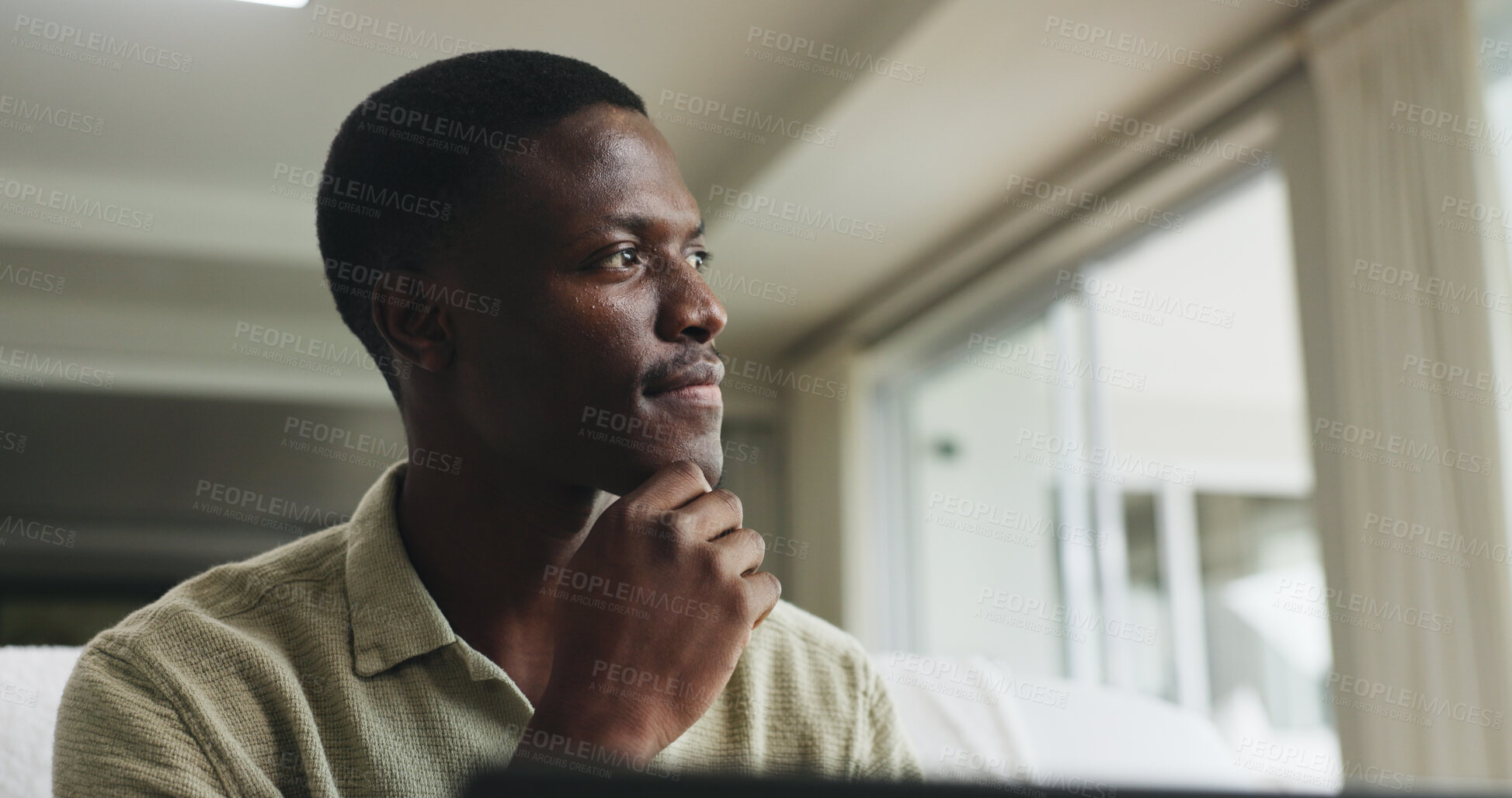 Buy stock photo Laptop, remote work and thinking with black man on sofa in living room of home for small business. Computer, planning and vision with freelance African employee in apartment for startup research