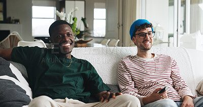 Buy stock photo Friends, smile or watching tv on sofa with remote for funny movie choice, bonding together or hangout. Happy people, relax and streaming service for comedy, show or entertainment in home living room.