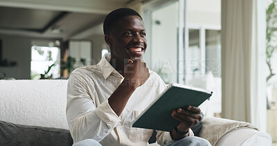 Buy stock photo Thinking, tablet and black man on sofa in home with ideas for university application in living room. Digital technology, planning and African male student with problem solving for college tuition.